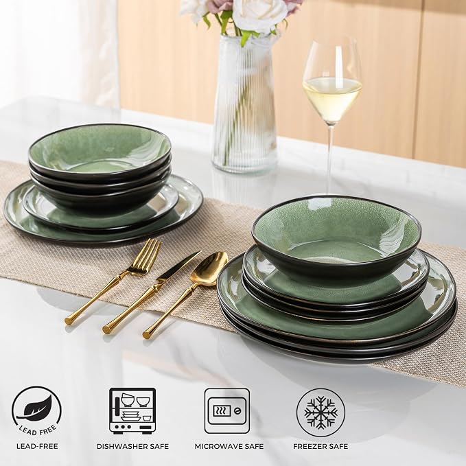 AmorArc Ceramic Dinnerware Sets,Handmade Reactive Glaze Stoneware Plates and Bowls Sets,Highly Scratch Resistant | Dishwasher & Microwave Safe Dishes Set,Service for 4 (12pc)