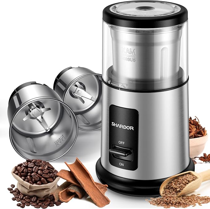 SHARDOR Quiet Coffee Grinder Electric, 70g Removable Bowl Spice Grinder for Coffee Beans, Seeds and Grains, Super Silent Grinding Mill with 60dB Low Noise, 2.5oz Capacity, Silver