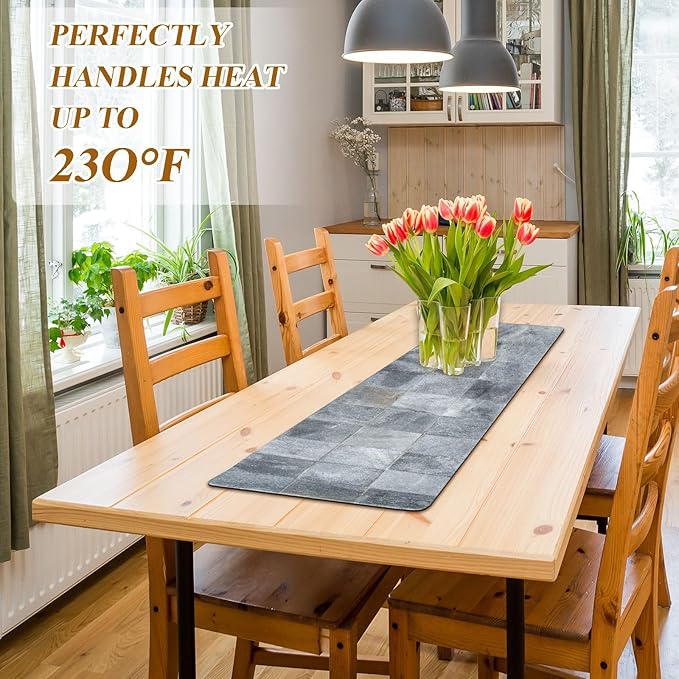 2 in 1 Table Runner Trivet for Hot Pots and Pans Heat Resistant Non Slip Waterproof 39 x 12 Inch Decorative Table Protector for Kitchen Countertop Marble Grey