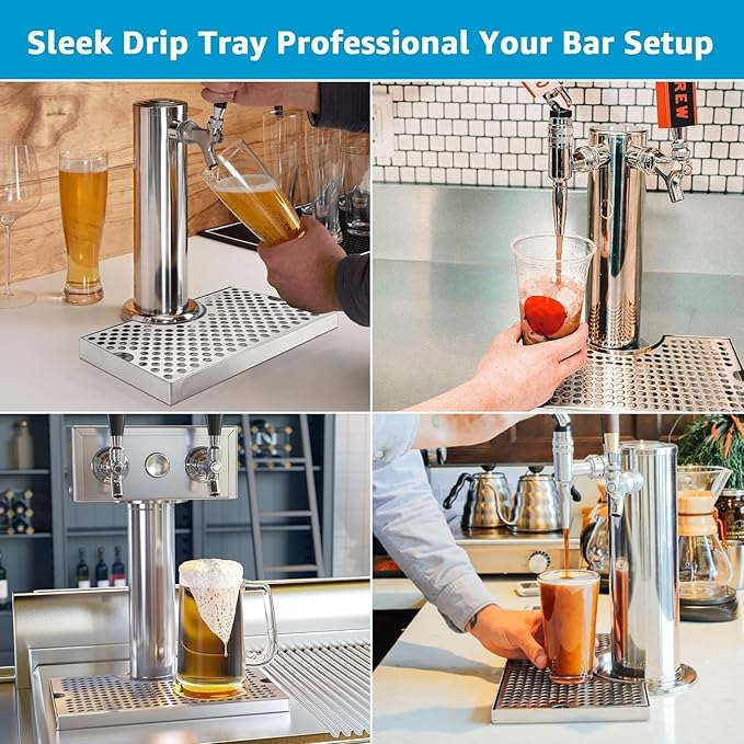 Kegerator Beer Drip Tray Stainless Steel Keg Drip Tray with Non-Slip Silicone Pads 4.4” Cutout Kegerator Surface Mount Beer Tower Drip Tray for Home Bar Mini Fridge without Drain