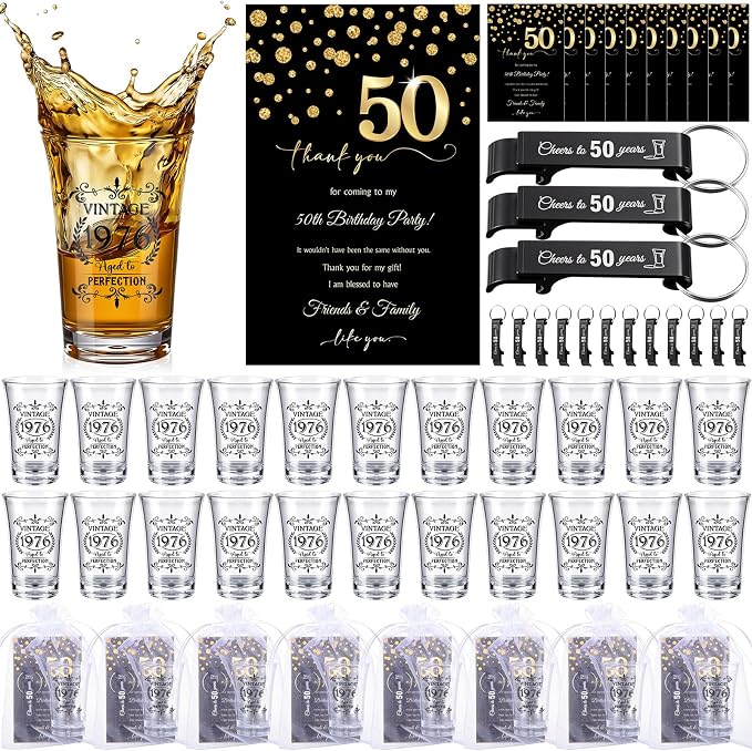 LemonRoad 100 Set 50th Birthday Party Favor for Guest Bulk, 1.4oz Plastic Shot Glasses Cup, Cheers to 40/50/60/70/80 Years Beer Bottle Opener Keychain Thank You Card Gift Bag for Souvenir Party Gift