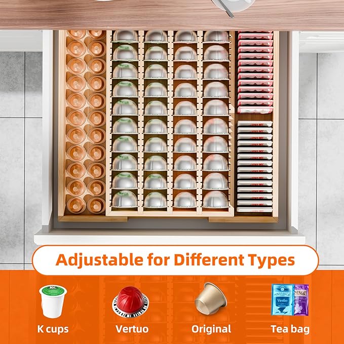 Simple Trending Bamboo Coffee Pod Holder Drawer Insert for Counter, Expandable K Cup Organizer Tea Bags Storage Compatible with Nespresso Vertuo Capsules, Natural