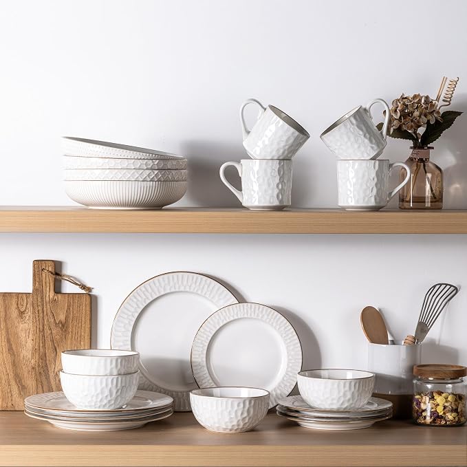 GBHOME Ceramic Dinnerware Sets,12 pcs Embossed Elegant Stoneware Plates and Bowls Sets, Housewarming Wedding Gift | Dishwasher & Microwave Safe | Dishes Set Service for 6
