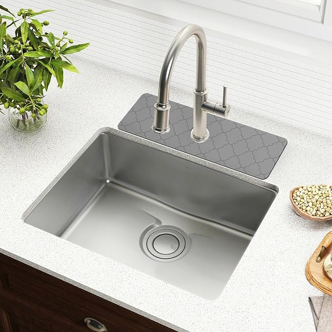 Kitchen Sink Splash Guard 1 PC 14.7 Inch Sink Faucet Mat Splash Guard for Bathroom Countertop Water Absorbent Foldable Cuttable Soft Washable Monochrome Geometric Quatrefoil Grey
