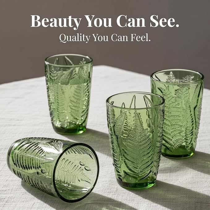 Green Drinking Glasses Set of 4, 12 oz Vintage Hand-Pressed Glass Cups, Fern Textured Highball Tumblers, Antique Style Boho Glassware for Water, Juice, Cocktails & Mocktails, Housewarming Gift Set