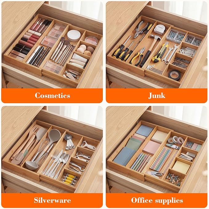 Bamboo Sliding Desk Drawer Organizer 8.2'' up to 16.4'' x 14.4'' x 2.2'' Expandable Office Desk Accessories Supplies Tray with 7 Compartments for Pens, Notebooks, Rulers, and Makeup Jewelry Vanity
