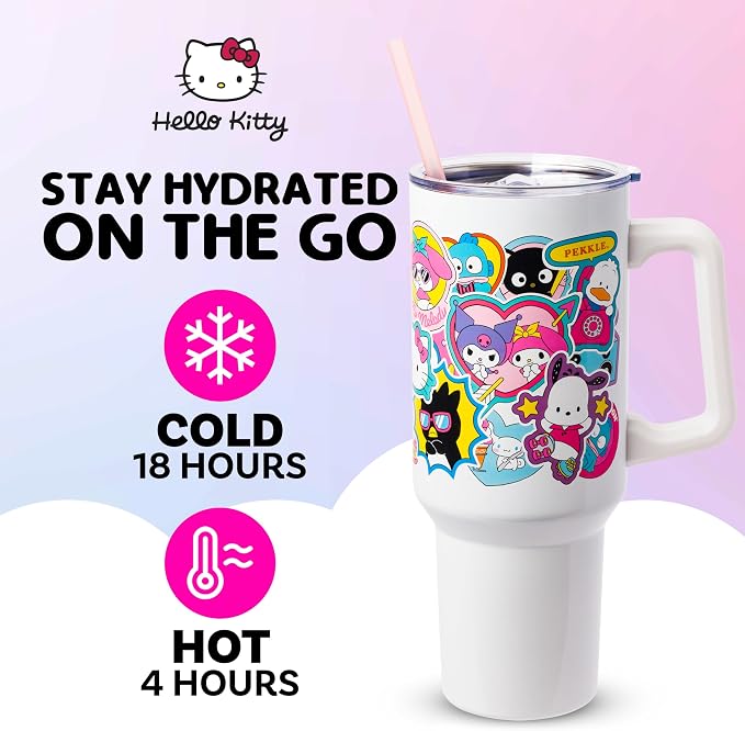 Silver Buffalo Sanrio Hello Kitty & Friends Cinnamoroll, Kuromi, Chococat, Badtz-Maru, Keroppi, Sticker Double Walled Stainless Steel Tumbler w Handle and Straw, Fits in Standard Cup Holder, 40 Ounces