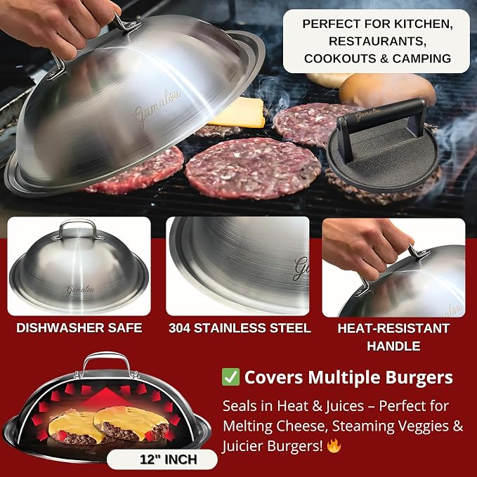 Gamalou® Smash Burger Press Kit: 7" Cast Iron Grill Press, 12" Melting Dome, 3-in-1 Patty Maker, 4.3" Spatula & 4" Scraper, Griddle Accessories for Blackstone, Grills, Flat Top, BBQ, Fry Pan