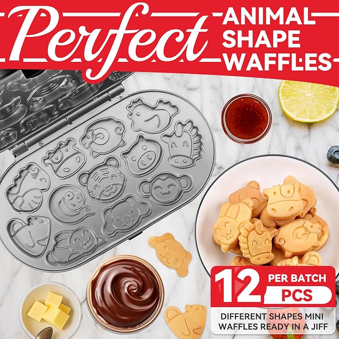 SugarWhisk Animal Mini Waffle Maker for Kids, Mini Pancakes Maker Machine with 12 Different Animal Pancake Molds, Small Waffle Maker Iron, Excellent Christmas Gift for Kids & Adult, Graphite