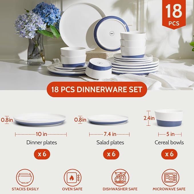 Sweese 18 Pieces Porcelain Dinnerware Set, Modern Dish Set for 6, Hand Painted Kitchen Plates and Bowls Sets, Scratch Resistant Dishware Sets, Dishwasher & Microwave & Oven Safe Dinner Set, Blue