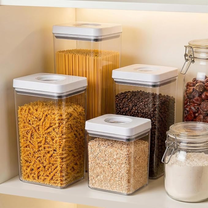 UFORU Food Storage Containers with Twist Lids, 6 Pcs Airtight Food Storage Containers Set, Stackable Kitchen Pantry Organizer, Rotary Opening Containers for Flour, Cereal & Sugar(0.7/1.3/1.8QT)*2