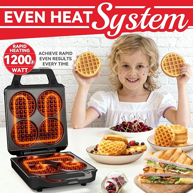 SugarWhisk 2 in 1 Mini Waffle Maker with Removable Plates, Panini Press Sandwich Maker, Sandwich Press, Waflera Electrica, Sandwichera Electrica, 4 X 4 Inch Classic Waffle Maker for Kids, Graphite