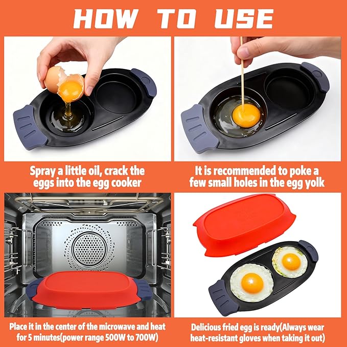 Microwave Egg Cooker for 2 Eggs - Microwave Egg Poacher & Fryer for Breakfast Sandwiches, Quick Breakfast Maker, Nonstick, Dishwasher Safe, BPA-Free, Portable for Home, Travel & RV (Orange red)