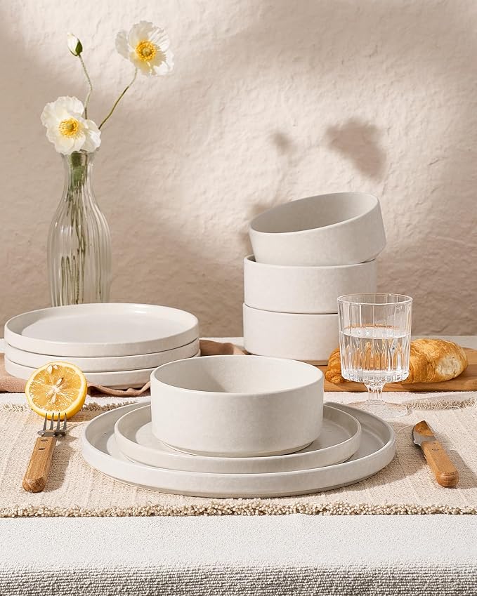Famiware Nebula Plates and Bowls Sets, 24 Pieces Stoneware Dinnerware Sets, Reactive Glaze Dish Set, Dishes Set for 8, Matte Beige White