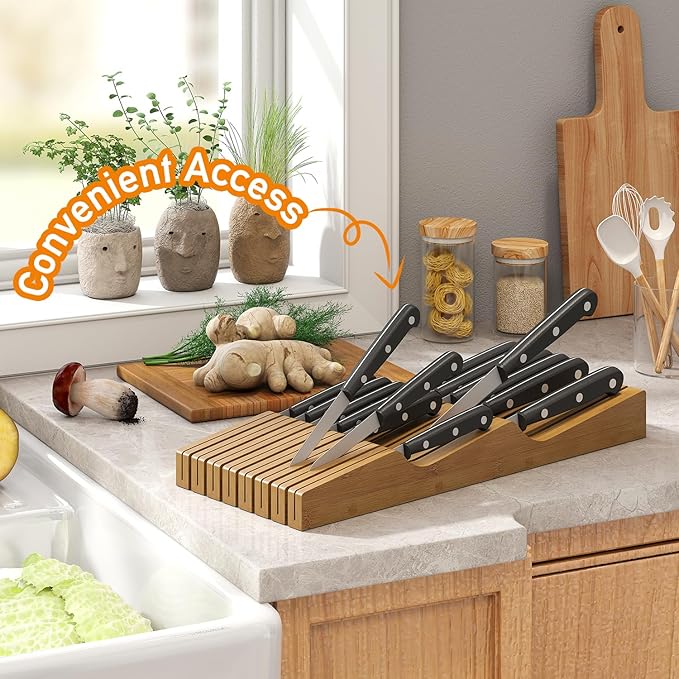 In-Drawer Knife Block Organizer - Bamboo Wood Drawer Knife Organizer-Protecting Knife Organizer Block (Not Included) (Brown, 15 Knives Dock)