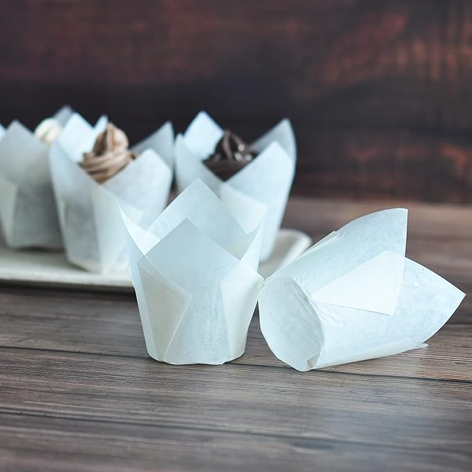 Large size White Tulip Baking Cups 2-1/4"(Base diameter) x 4"(Wall height) Greaseproof paper baking cupcake Muffin liners, Case of 130 pcs