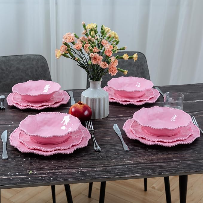 Pink Dishes Melamine Dinnerware Sets, 18 Piece Kitchen Plates and Bowls tableware Set, Lightweight, BPA free Beaded Serving Dishes for Girls, Valentine's Day, Mother's Day. Service for 6.