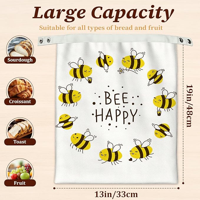 Bread Bags for Homemade Bread, Bee Happy 2 Pack Linen and Beeswax Sourdough Storage Bags, Reusable Keeper, Keeps Breads Fresh Longer, Gifts for Bakers