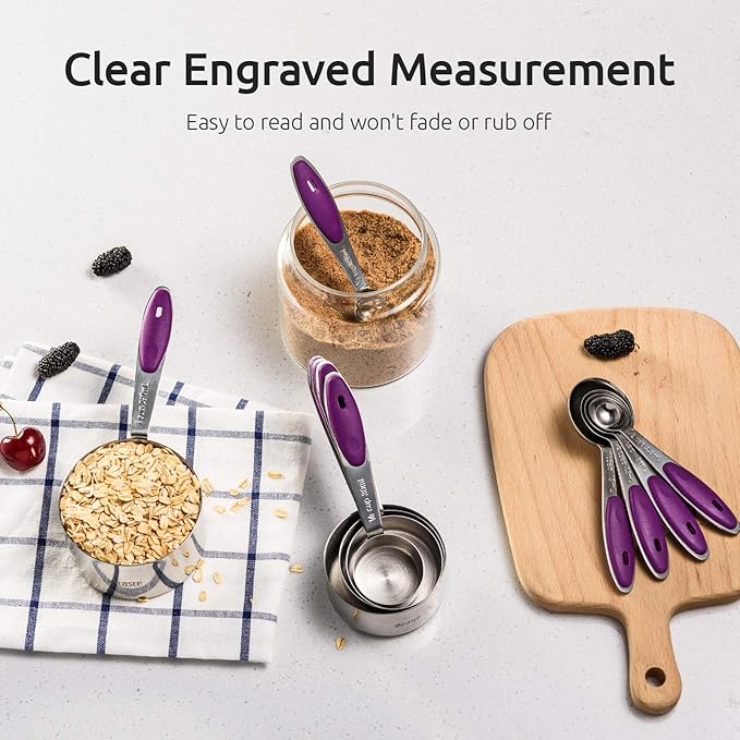 U-Taste 10 Piece Measuring Cups and Spoons Set in 18/8 Stainless Steel, and 18/8 Stainless Steel 5.5 inch 30 Mesh Strainer (Purple)