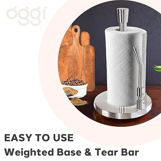 OGGI Stainless Steel Paper Towel Holder - with Tension Arm and Tear Bar, 13" Height - Stainless Steel Construction