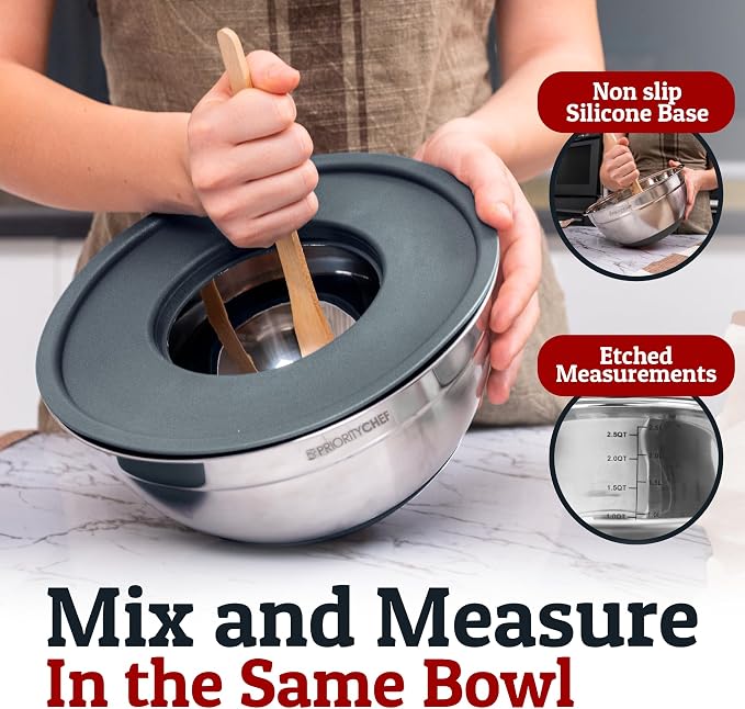 Priority Chef 6pc Stainless Steel Mixing Bowls with Lids Set, 7 Qt, Grey | 6pc Non-slip nesting bowls 1-7 qt, 3 graters & interior measurement marks; for meal prep, baking & airtight fridge storage