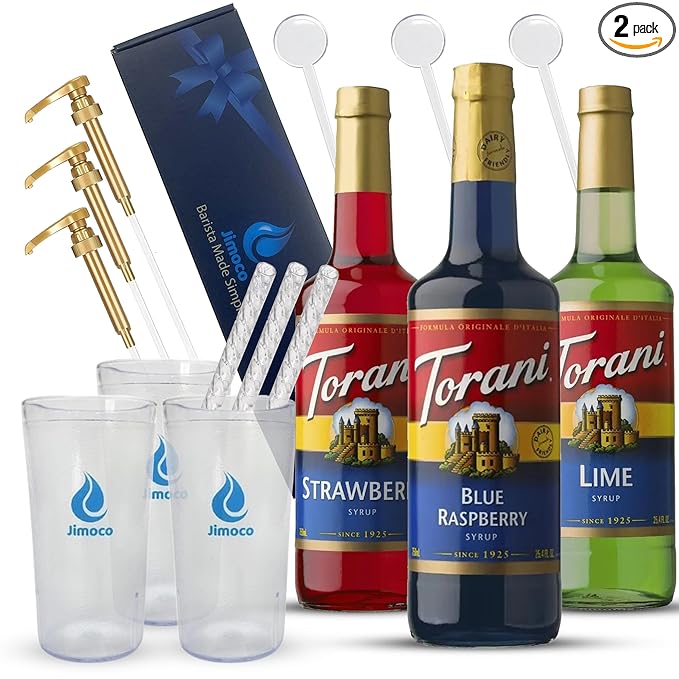 Jimoco Barista Set – Torani Lime, Strawberry & Blue Raspberry Syrups (25.4 oz Each) with 3 Jimoco Syrup Pumps, Reusable Cups, Straws & Stirrers – Coffee, Italian Soda & Cocktail Flavoring Kit