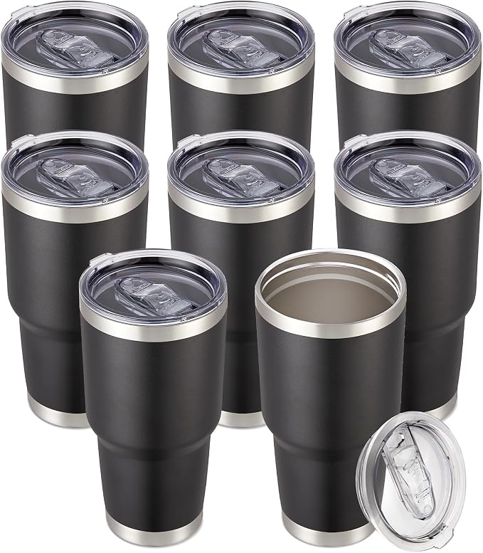 30 oz Tumbler with Lid Stainless Steel Tumblers Bulk Vacuum Insulated Cup Reusable Powder Coated Travel Mug Double Wall Leak Proof Cups Keep Cold Drinks for 12 Hours Black, Set of 8