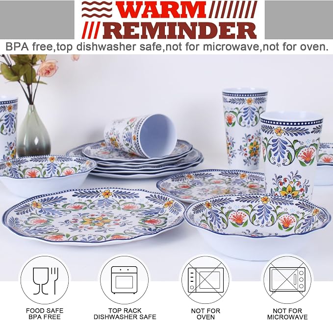 Melamine Dinnerware Set for 4-16 Pcs:Camping Dishes Set with Dinner Plates,Salad Plates,Cups and Bowls.Lightweight and Unbreakable,Indoor and Outdoor Use flower28