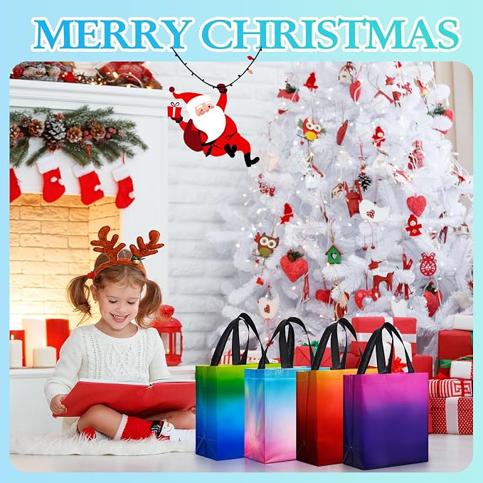 Eccliy Reusable Gift Bags Set Glossy Grocery Gift Tote Bag with Handle for Wedding, Bridal Shower, 4th of July, Summer Event(10 x 8 x 4.7 Inch,Gradient Color,80 Pcs)