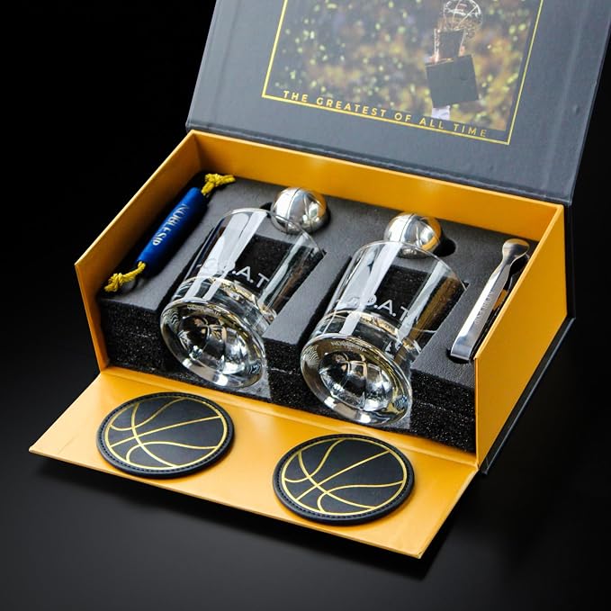 NOBLESIP® Whiskey BASKETBALL Glasses 𝗣𝗥𝗘𝗠𝗜𝗨𝗠 Set: 2 Glasses, 2 Steel Chilling Balls, 2 Coasters. Best for a Player, Coach, Fan to enjoy his Bourbon, Old Fashioned, Cocktail. Whisky men gift