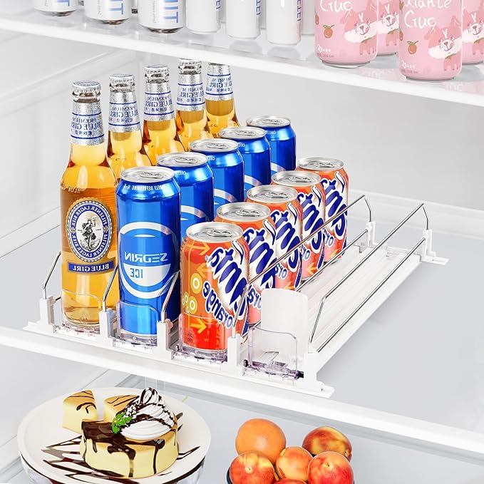 Soda Can Organizer & Dispenser for Refrigerator, Automatic Pusher Fridge Drink Organizer Holds up to 20 Cans Adjustable Width for Beer Beverage-4Row 15.3" D x 13.4" W