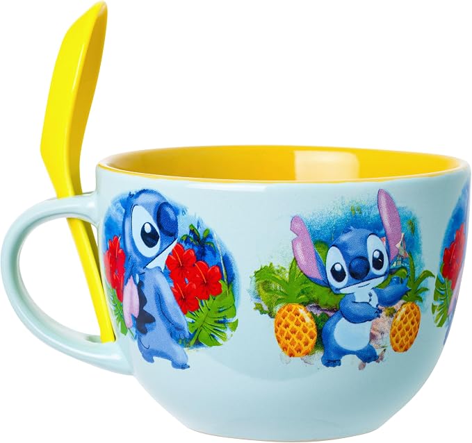Silver Buffalo Disney Lilo and Stitch Tropical Water Hawaii Ceramic Soup Mug with Spoon Set, 24 Ounces