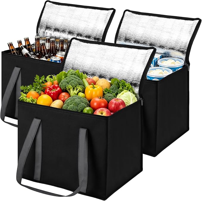 3-Pack XL-Large Insulated Grocery Bags, Collapsible Cooler Bags with Zipper, Multi-Purpose Insulated Tote for Shopping Camping Beach and Trips