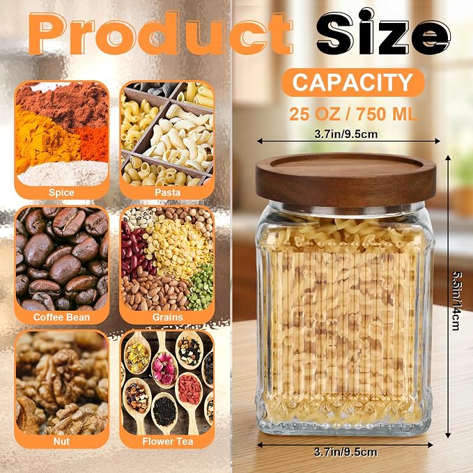 6 Pcs Vintage Glass Storage Jar with Lid 25.3 oz Glass Containers Stylish Ribbed Pattern Airtight Kitchen Jars Candy Jar for Food Cookies Candy Coffee Tea Beans Grains Storage