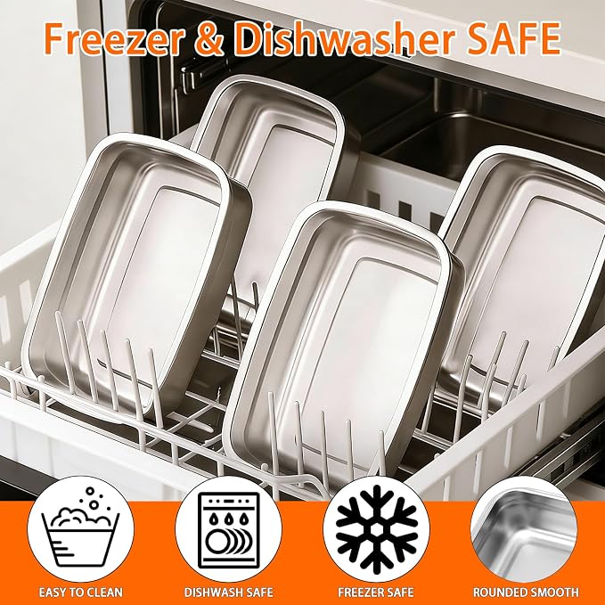 10PCS 50oz Stainless Steel Food Storage Containers with Airtight Lids, 1500ml Reusable Metal Meal Prep Container for Picnic Travel, Stackable Kitchen Lunch Snack Box, Freezer & Dishwasher Safe