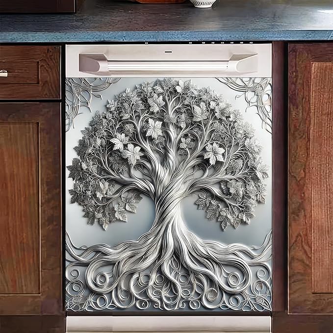 BlissYard 3D Silver Tree of Life Dishwasher Magnet Cover Skin Panel Vintage Sliver Metal Door Sticker of Life Front Door Magnet Cover for Home Appliances Dishwasher Refrigerator Cupboard 23x26 Inch
