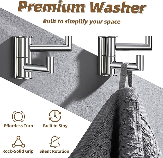 APLusee Swivel Towel Hook Polished Chrome 2 Pack, 304 Stainless Steel Bathroom Robe Hook Towel Holder, Folding Wall Hook Wall Mounted