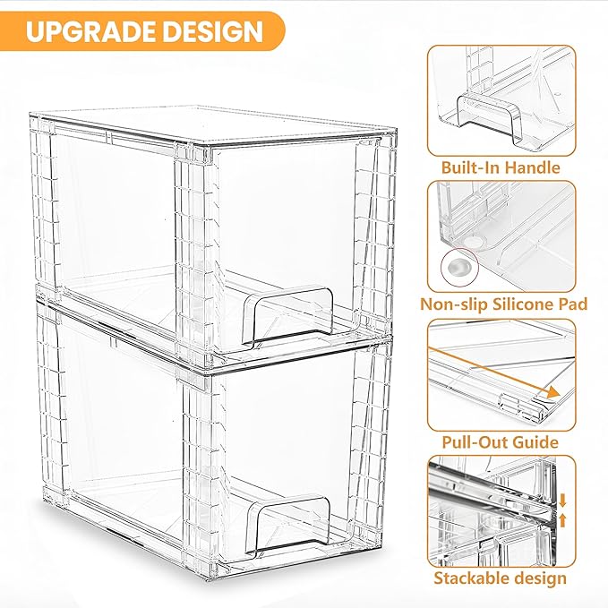 6 Pack Stackable Acrylic Storage Drawers – Clear Plastic Organizer Bins, Easy to Assemble, Suitable for Bathroom, Undersink, Kitchen, Pantry, Makeup, Medicine Organization