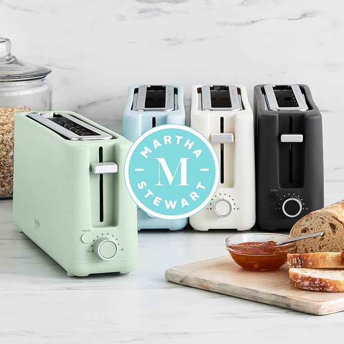 Martha Stewart 2 Slice Long Slot Toaster, Extra Wide for Sourdough & Bagels, 10 Setting Shade Control, Removable Crumb Tray, Self-Centering Design, Defrost/Reheat, Cancel, Slim Space-Saving, Caviar