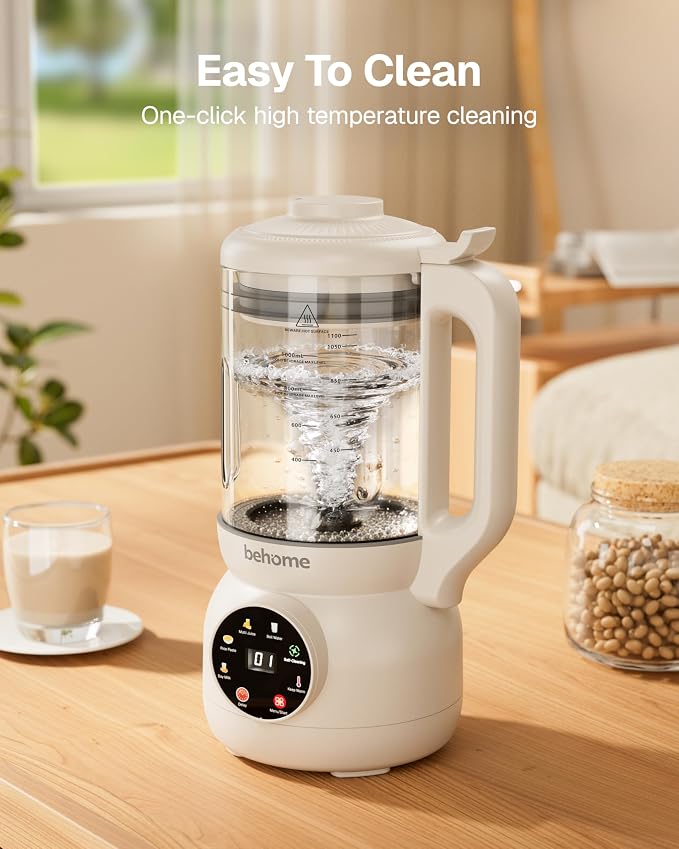 Behome 8 in 1 Nut Milk Maker Machine Blender – Glass Plant 32oz Milk Machine for Almond, Oat & Soy Milk, Self-Cleaning Vegan with No-Soak Beans, Delay Start & Keep Warm, Dairy-Free Beverage Maker