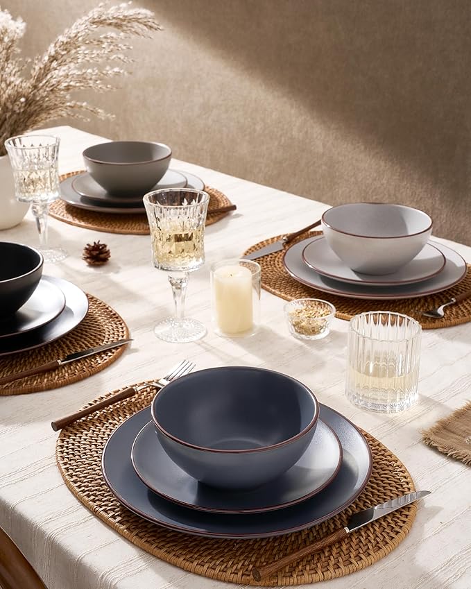 Famiware Venus Stoneware Dinnerware Set with Pasta Bowls for 4, 16-Piece Speckled Plates and Bowls with Trim, Matte Multicolor - Chip‑Resistant Dish Set for Everyday/Formal, Microwave/Dishwasher Safe