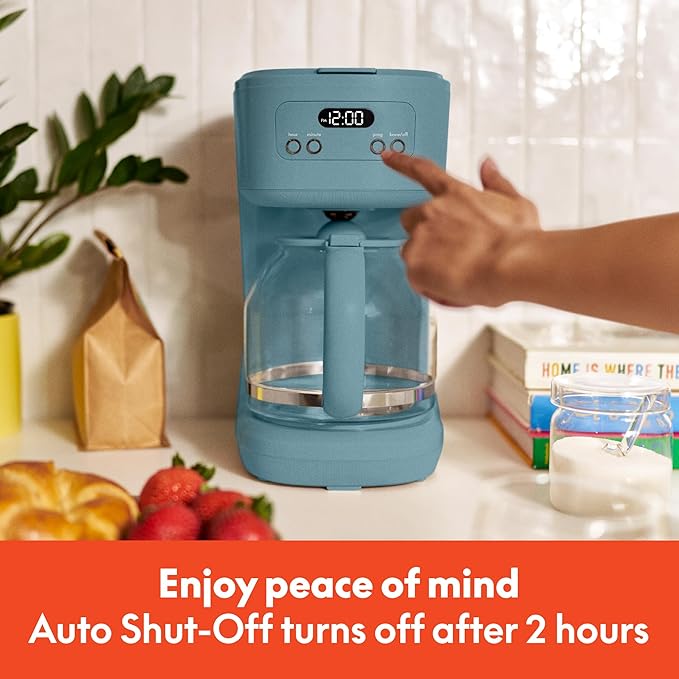 bella 12 Cup Programmable Coffee Marker, Reusable Dishwasher Safe Accessories, Easy LCD diaply, Auto Shutoff, 900 watt, Surf