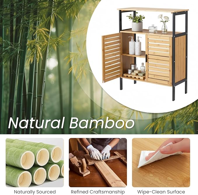 25" Bamboo Bathroom Storage Cabinet with Double Slatted Doors, Freestanding Floor Cabinet Organizer with Open Shelf, Modern Storage for Bathroom Kitchen Living Room