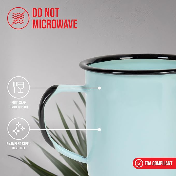 Red Co. Set of 6 Enamelware Metal Medium Classic 12 Oz Round Coffee and Tea Mug with Handle, Distressed Aqua/Black Rim