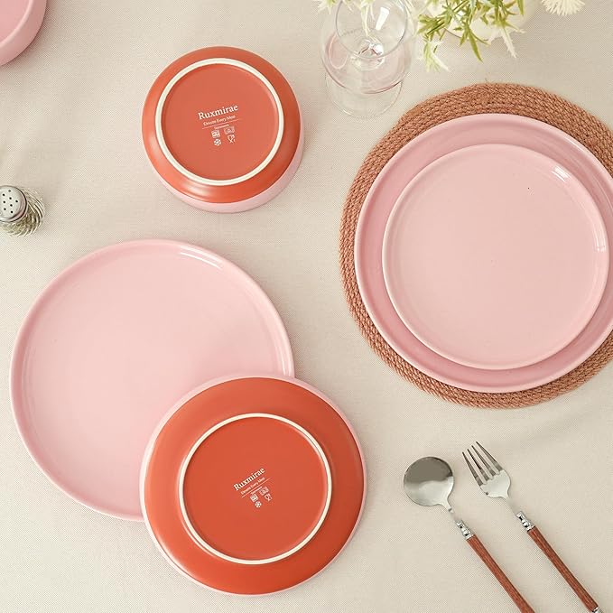 6 Piece Dinnerware Set, Dual Glaze Stoneware Plates and Bowls Sets, Modern Dinner Plate, Salad Plate, Cereal Bowl, Dish Set for 2, Microwave and Dishwasher Safe, Pink