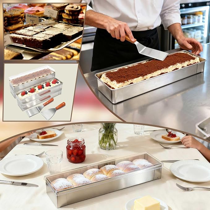 Blushtier 4 Pcs Nonstick Rectangle Tiramisu Cake Pan with Acrylic Lid and 2 Metal Spatula Removable Frame 304 Stainless Steel Cake Baking Molds for Tiramisu Cheesecake Mousse (15.75x3.94x2.56 Inch)