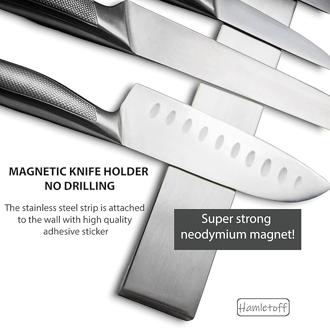 Premium Magnetic Knife Strip for Wall no Drilling – 12 Inch Stainless Steel Magnetic Knife Holder with Neodymium Magnet Strong Adhesive Tape - Lightweight Kitchen Magnet Knife Bar