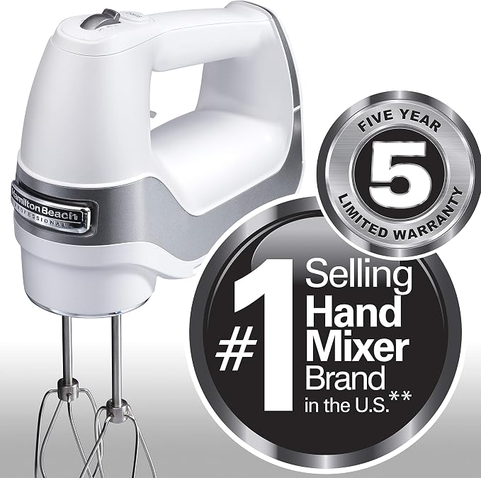 Hamilton Beach Professional 5-Speed Electric Hand Mixer | High-Performance DC Motor | Slow Start | Snap-On Storage Case | Stainless Steel Beaters & Whisk | White| 62652