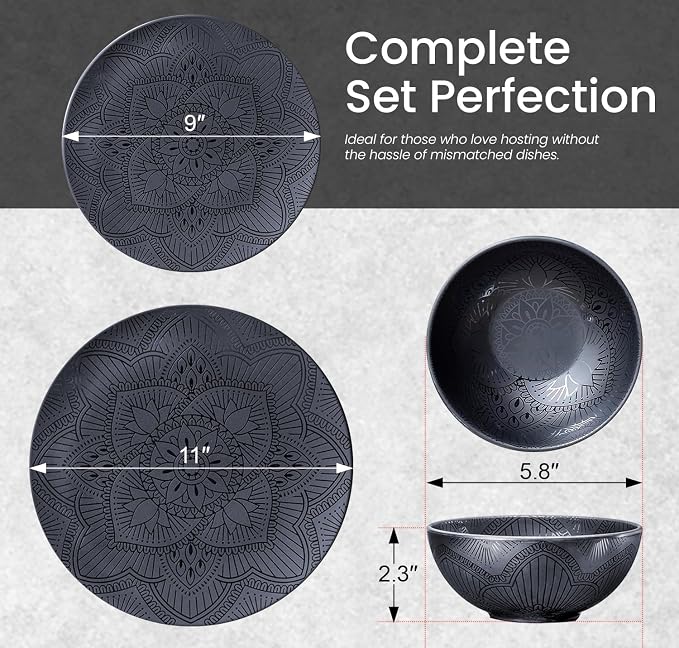 bzyoo 12 Piece Black Melamine Dinnerware Set - Durable, Dishwasher Safe Black Plates and Bowls - Ideals for Parties, Camping Dish Set La La Mandala