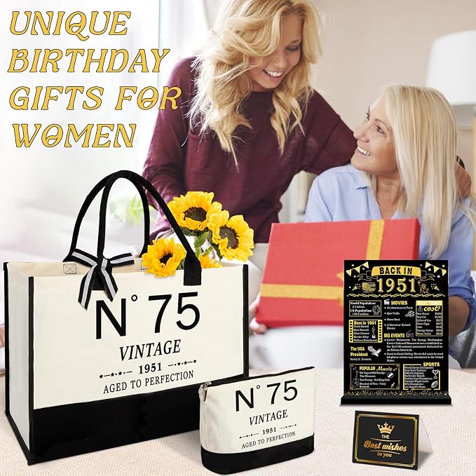 YeohJoy 75th Birthday Gifts for Women Canvas Tote Bag Travel Gear, Unique 75 Years Old Gifts for Wife Mom Sister Aunt Friends Her, Vintage N°75 Handbag & Cosmetic Bag & Back in 1951 Poster